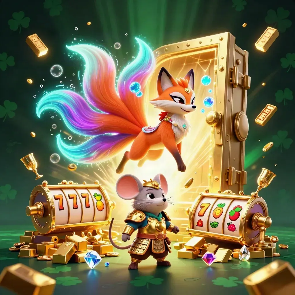 Neon fox spirit and samurai mouse bursting from a golden vault with casino treasures.