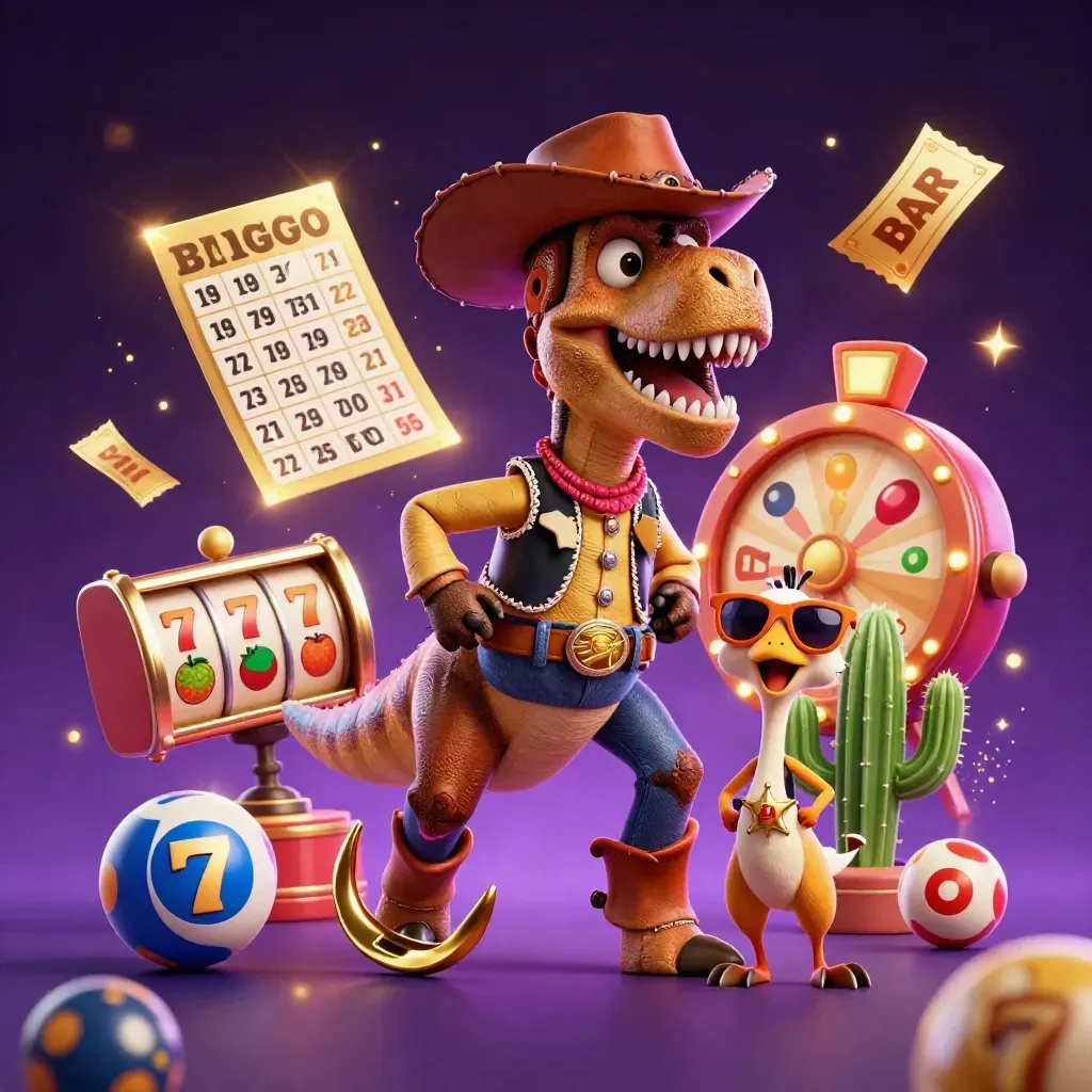 Cowboy T-Rex, cactus and roadrunner amid casino bursts on a dark purple glowing background