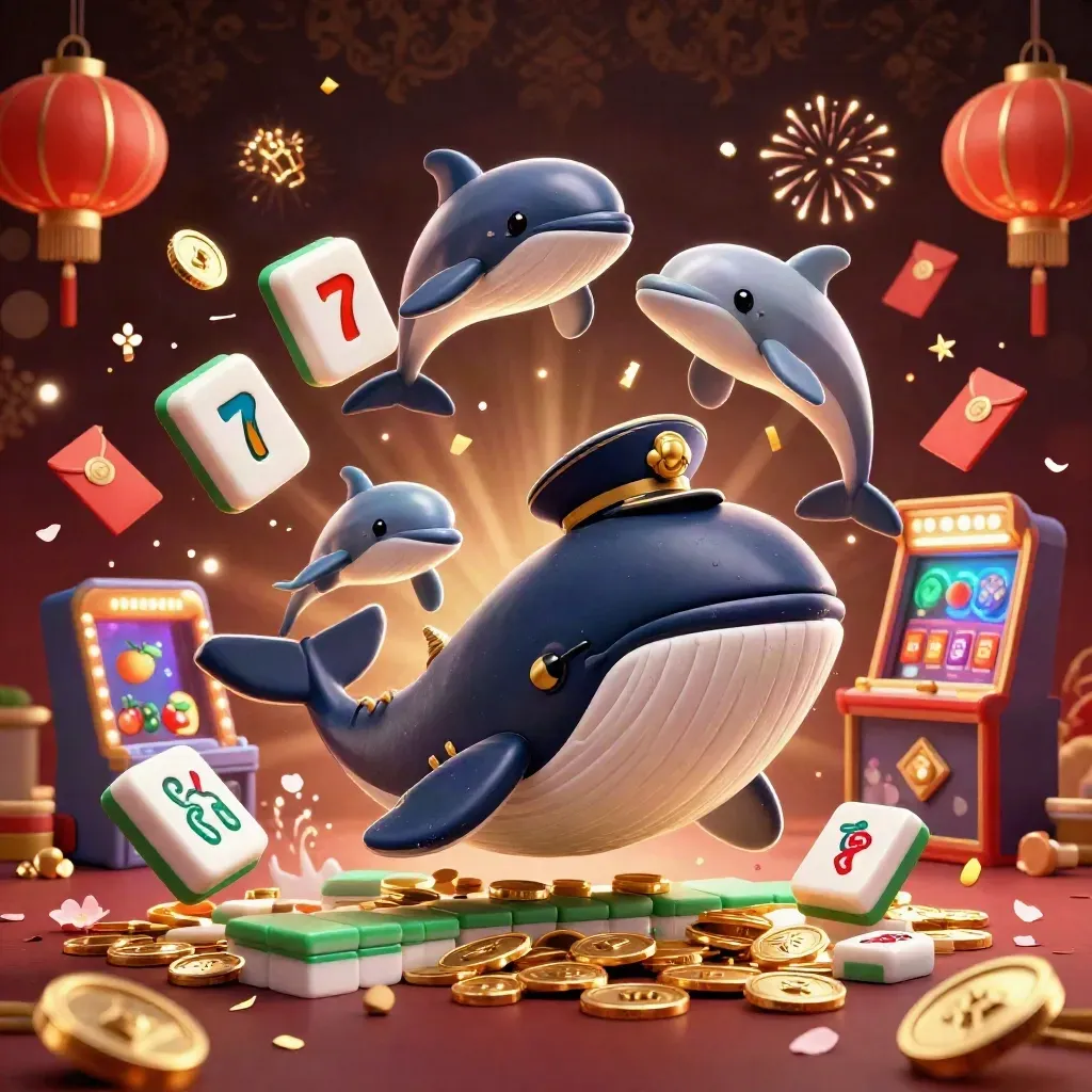 Captain whale, narwhal, and dolphins amid coins, lanterns, reels, and fireworks in luxe casino glow.