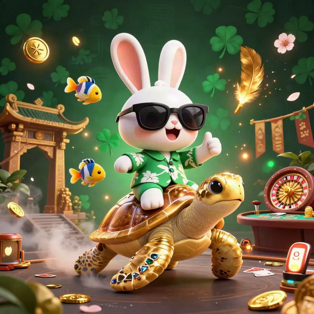 Lucky rabbit rides a golden sea turtle amid casino icons, coins, and glowing emerald-gold effects.