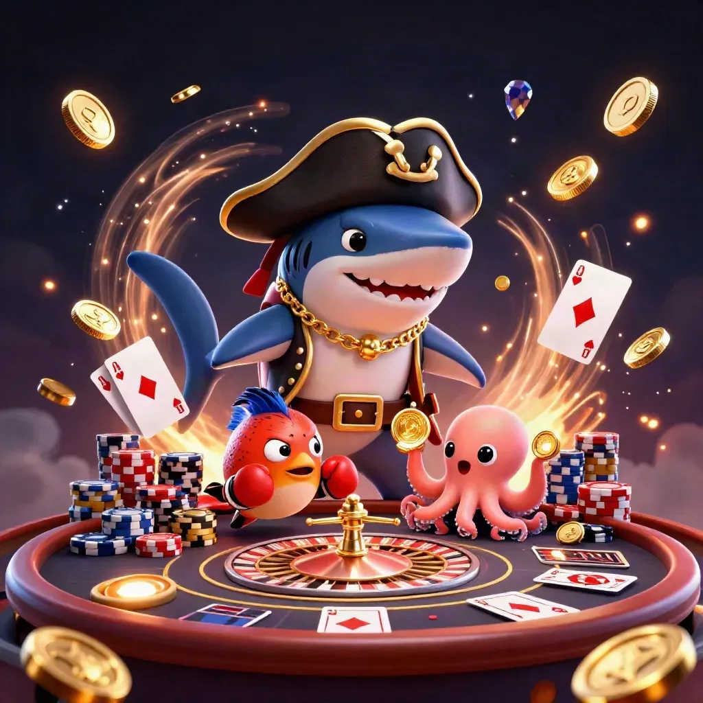 Shark captain, boxing pufferfish and coin-juggling octopus amid casino gold, chips and a spinning wheel.