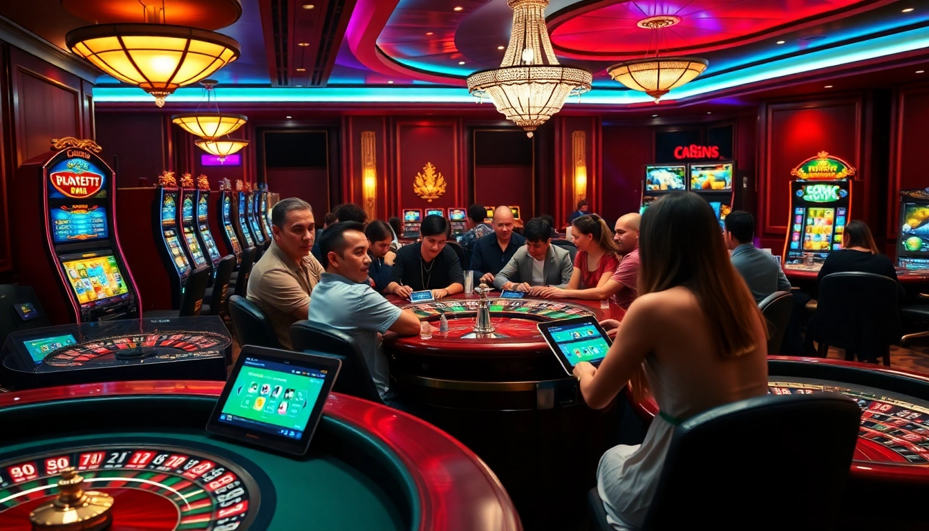 A lively online casino scene featuring players engaged in games at CO88, showcasing intense gameplay with vibrant slot machines.