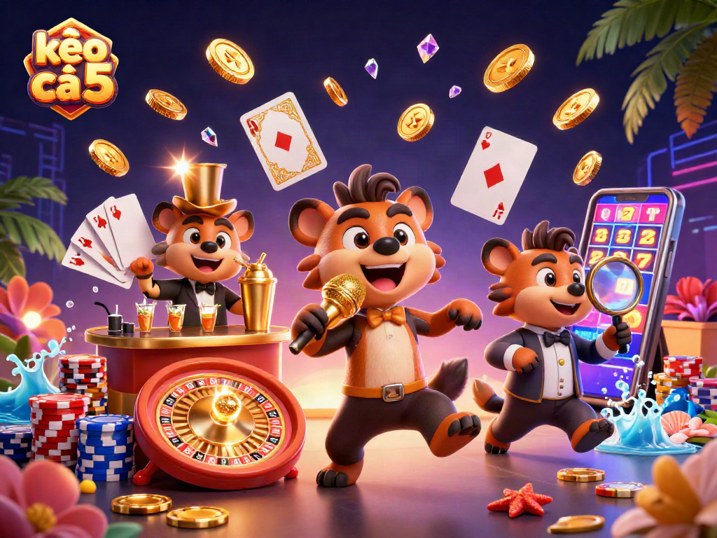 Engage with kèo nhà cái 5 at our vibrant casino scene featuring animated hyenas, roulette, and sparkling gems.