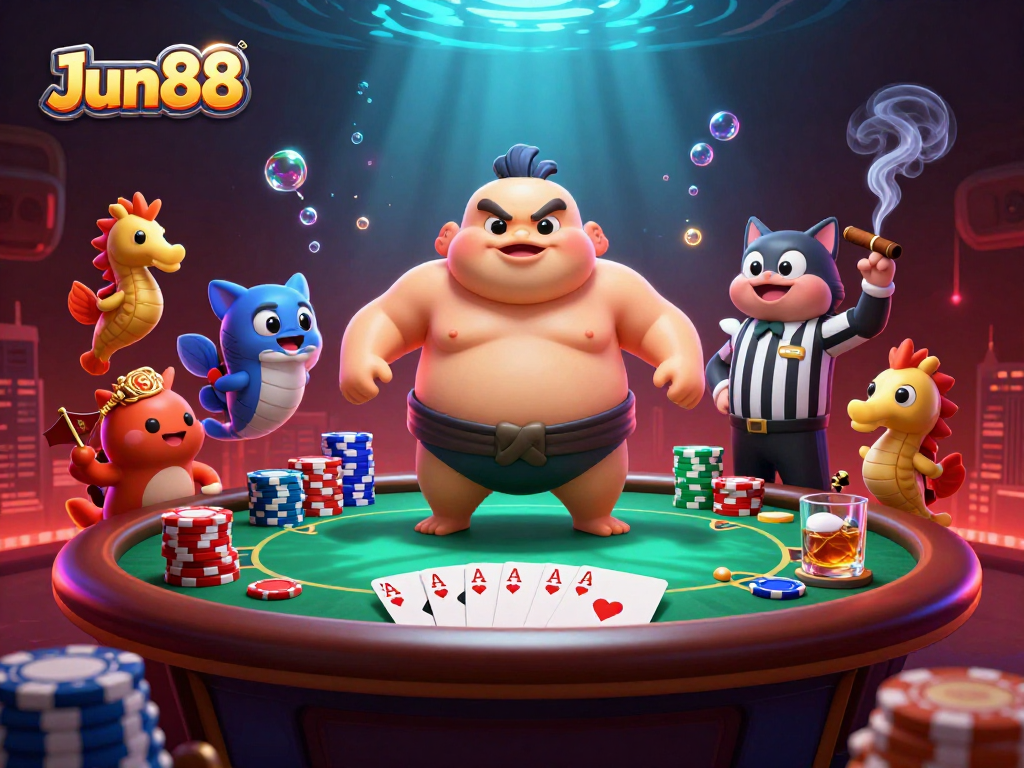 Engage with Jun88 and win at poker surrounded by cartoon characters in a lively underwater casino scene.