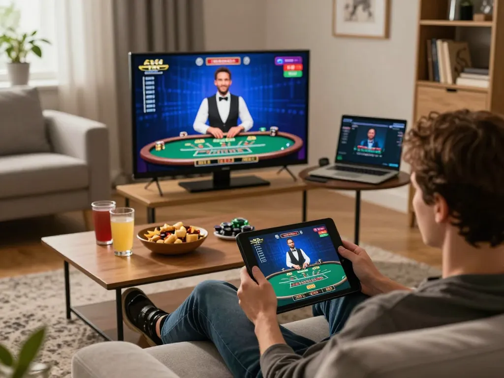 MM88 player enjoying live dealer blackjack on a tablet in a cozy home environment