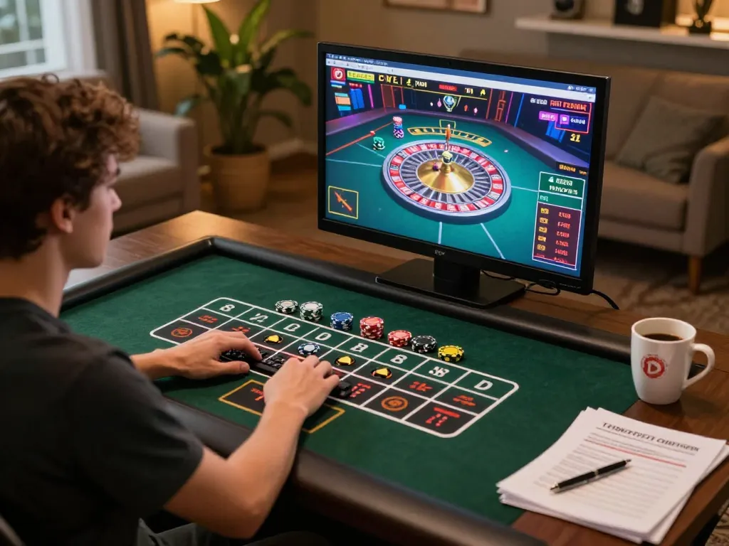 Engaging online gaming experience with sunwin tips displayed on a laptop screen during a live roulette game.