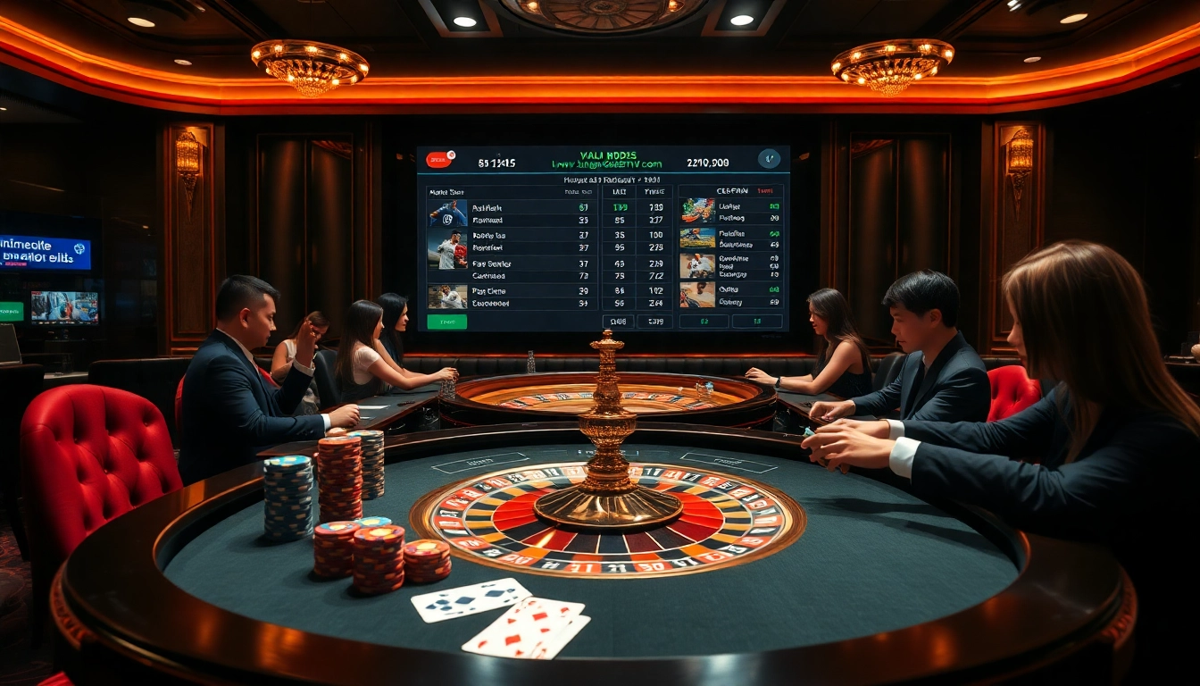 Experience exhilarating gaming action at https://luongsontv5.com/ with a vibrant casino atmosphere highlighting roulette and poker.