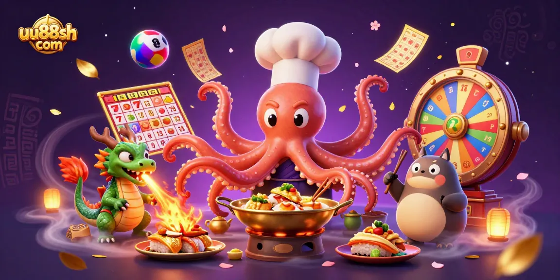 Experience the excitement at uu88sh com with a vivid 3D casino illustration featuring sushi chefs, dragons, and vibrant game elements.