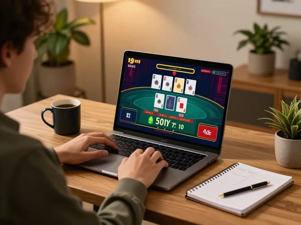 Engaged in online gambling with a reputable nhà cái uy tín at home, focusing on blackjack tactics.