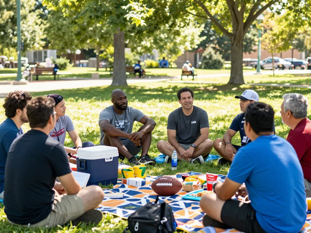 Community gathering at a park for manclub event promoting male mental wellness