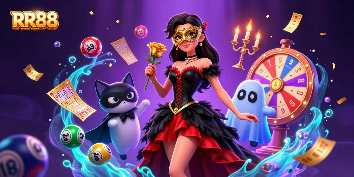 Experience the vibrant excitement of RR88 with a dynamic illustration of games and prizes in a casino setting.