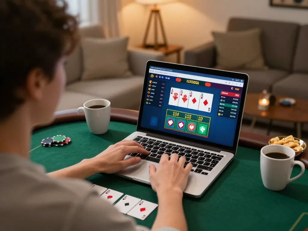 Player engaged with poker on 68gamebaivn in a cozy home setting, showcasing responsible online gambling.