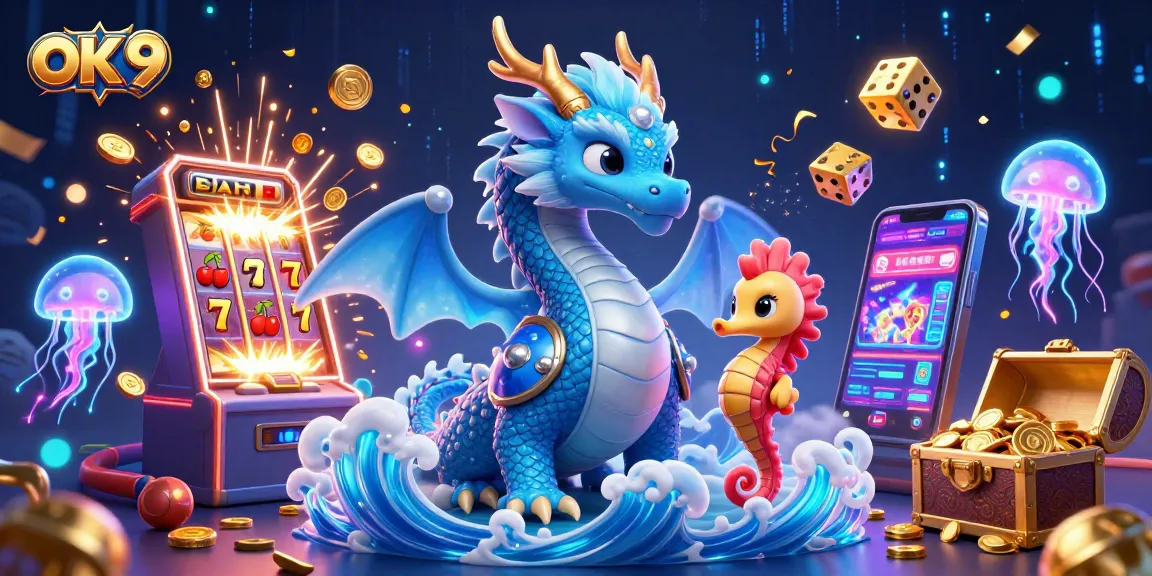 Spin the reels with OK 9, featuring vibrant dragon adventure and neon jellyfish in this casino fantasy.