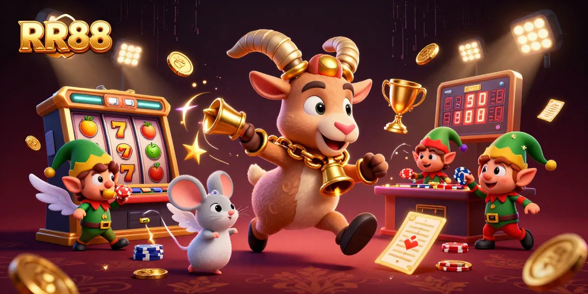 RR88 showcases a festive 3D casino scene with characters in playful action, emphasizing exciting jackpot opportunities.
