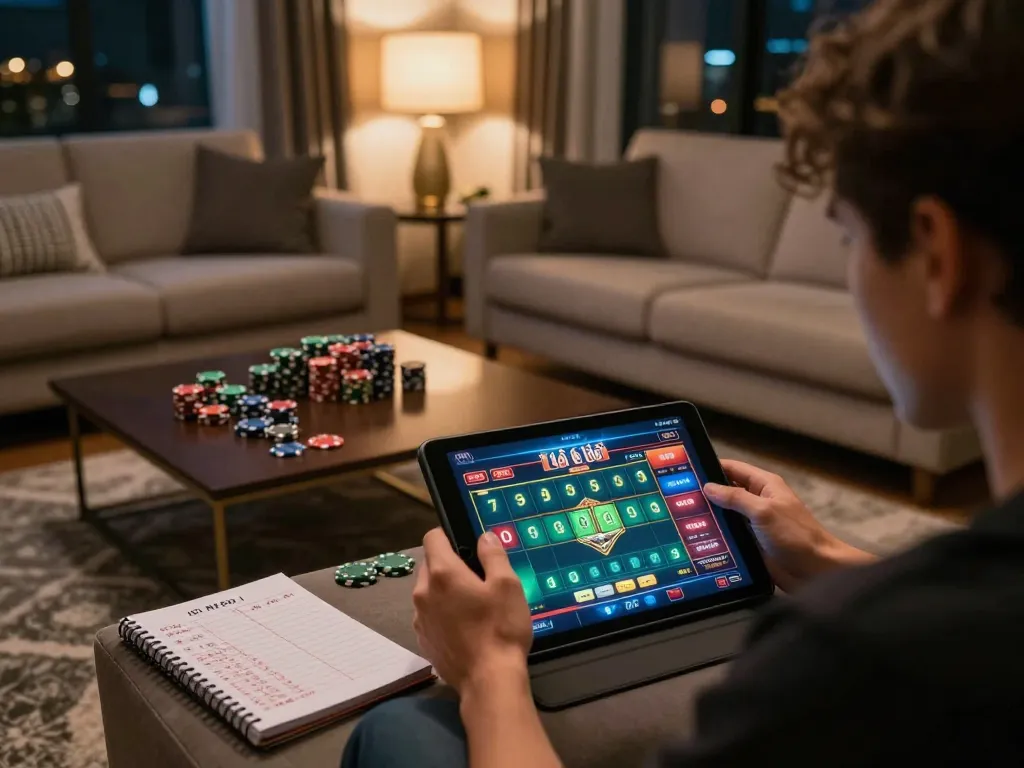 Person engaging in strategic Lô Đề gaming on a tablet in a cozy home atmosphere, showcasing betting interface and strategy notes.