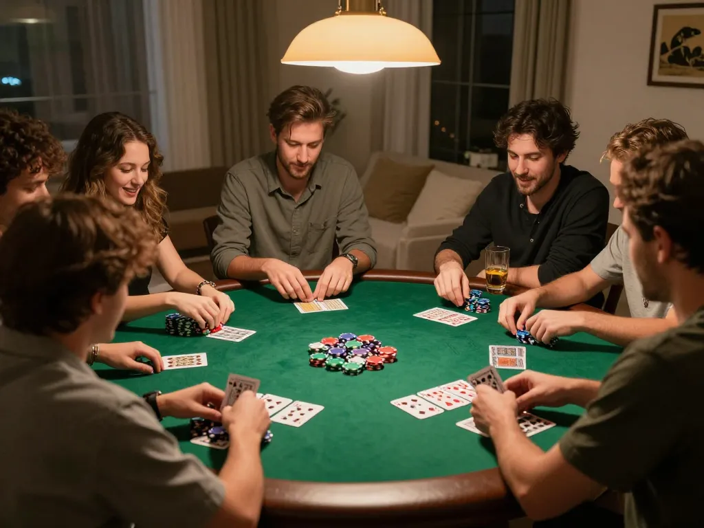 nk88 players engaging in a thrilling poker game with vibrant chips and cards during a cozy home night