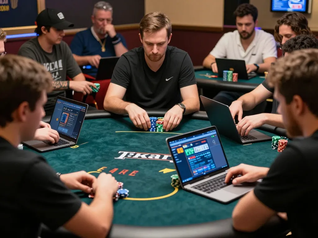 MM88 online poker game with players strategizing and placing bets at their computers in a relaxed environment