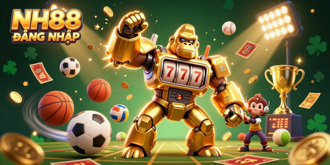 Play and win big at NH88 ĐĂNG NHẬP, showcasing a dynamic 3D casino scene with vibrant sports elements and a golden gorilla mech.
