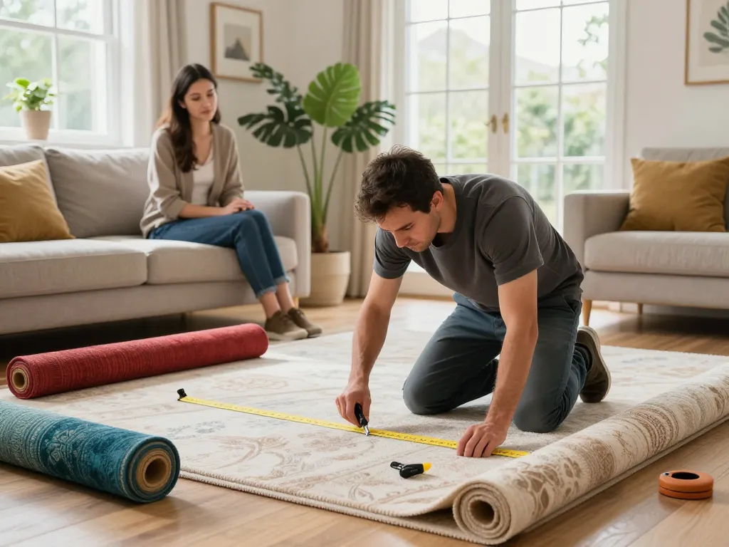 Professional carpet fitters near me installing carpet in a bright living room.