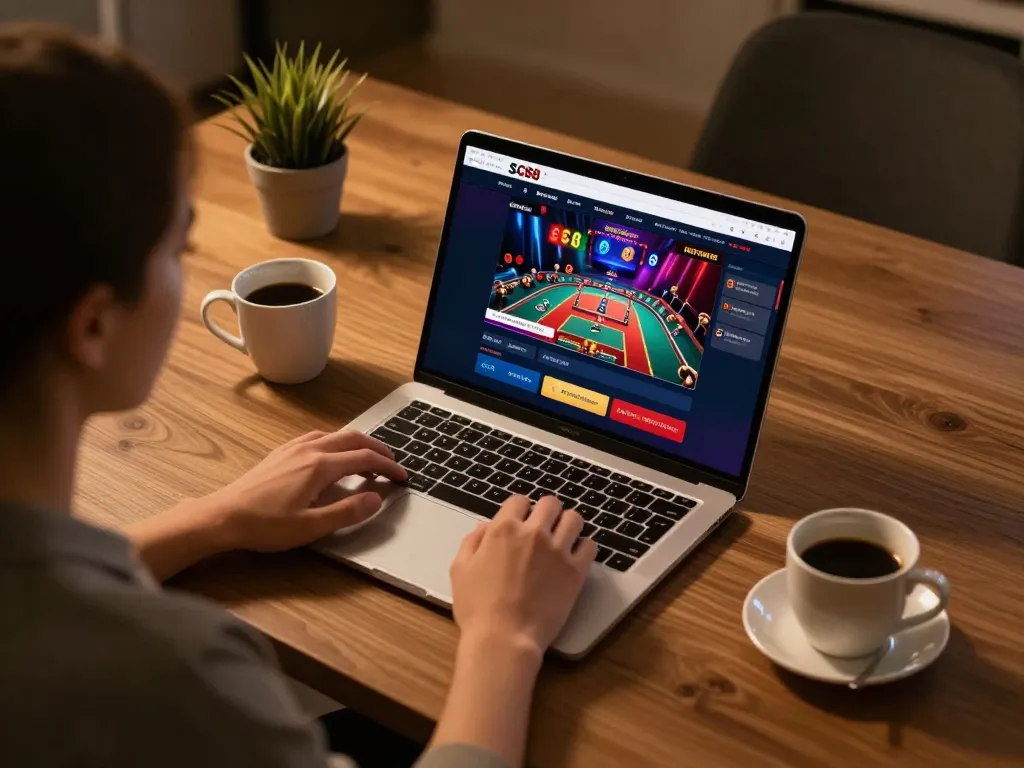 Engaging with SC88 online casino gaming interface on a laptop, showcasing a cozy gaming atmosphere.