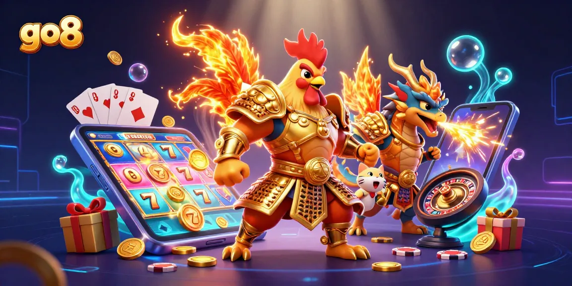 Experience the go8 gaming world with a vibrant scene featuring slot games and a heroic rooster warrior.