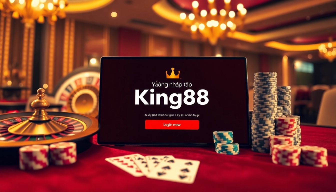 Engaging visual of Đăng nhập King88 in a luxurious casino setting with poker chips and roulette wheel.