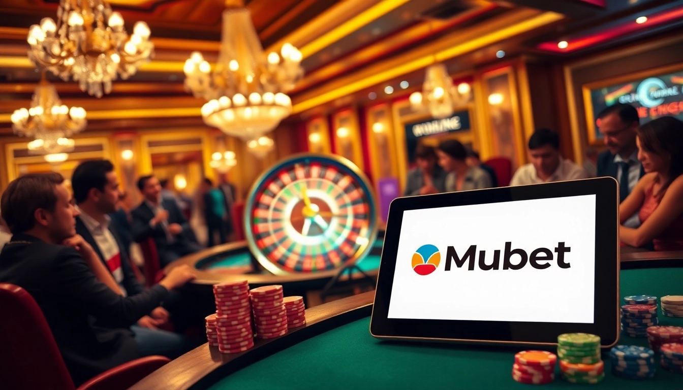 Mubet logo on an online gambling interface in a vibrant casino scene with players engaged in poker and roulette.
