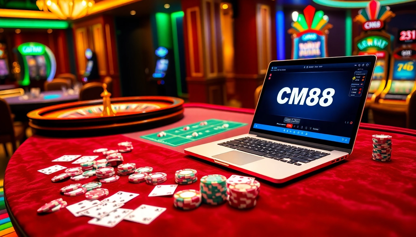 Experience the excitement of CM88 with a luxurious casino scene full of cards and roulette.