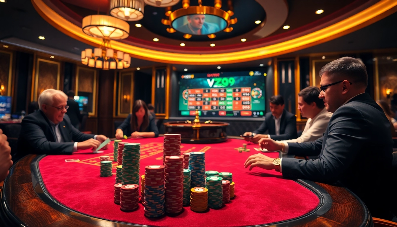 Players immersed in high-stakes vz99 casino games, with vibrant chips and roulette action.