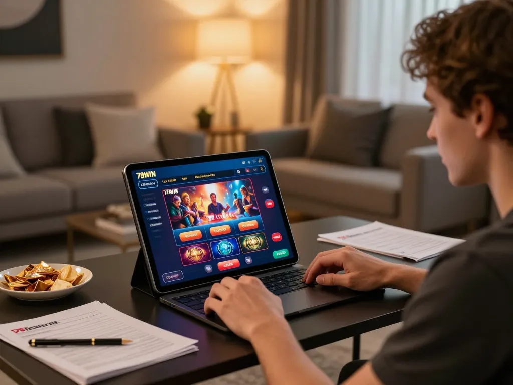 Engaging in gameplay on 78WIN online casino platform with a sleek tablet in cozy home setup.