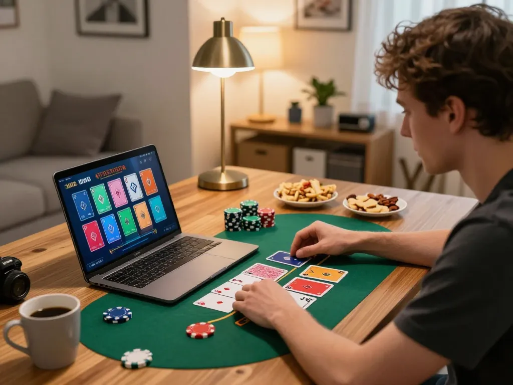 Engaging in online blackjack gameplay with ok365 on a laptop in a cozy home environment.