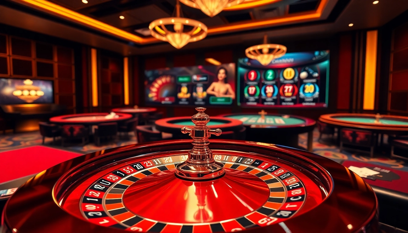 Experience the excitement of online games at https://vu88.ink/ with luxurious casino tables and a vibrant roulette wheel.