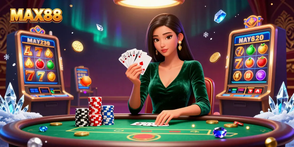 Experience MAX88 gaming with a skilled player at a luxurious poker table surrounded by vibrant slot elements.