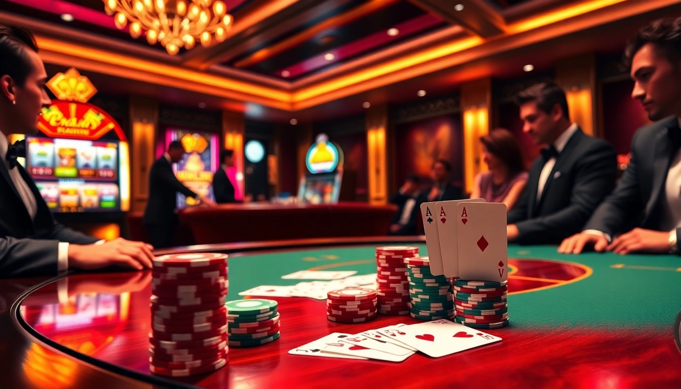Luckywin players engage in an exciting poker game with vibrant chips and cards displayed.