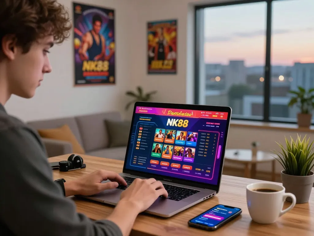 Engaged user accessing NK88 đăng nhập on laptop in a vibrant gaming workspace.