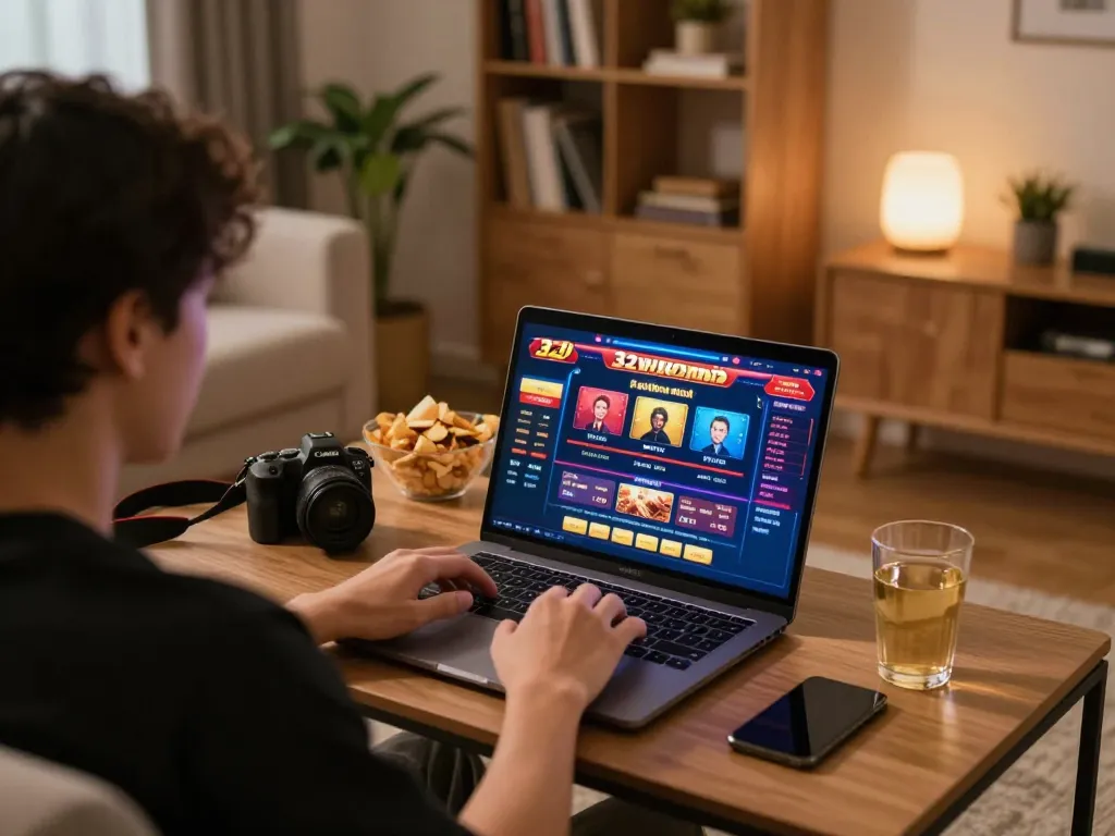 Player enjoying online gaming at 32win, surrounded by a cozy home environment with engaging casino visuals.