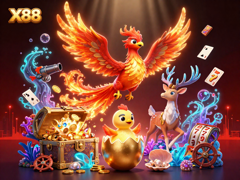 Winning strategies at X88 showcased in vibrant casino-themed 3D illustration with dynamic elements.
