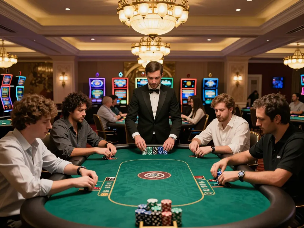 Engaged players at HITCLUB web poker tables strategizing in a luxurious casino setting