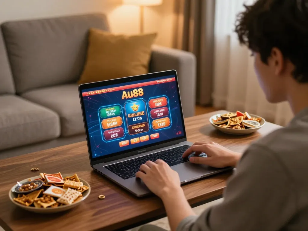 Player enjoying Au88 online casino game on laptop in a cozy home environment.