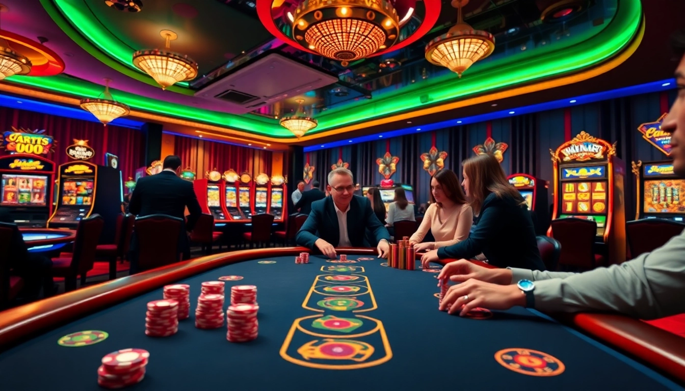 A dynamic gaming atmosphere at Alo789 Com featuring casino tables and vibrant poker chips.
