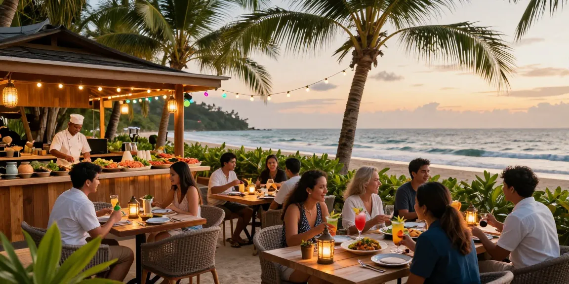 vibrant beachside dining scene with cocomaya lists them here, showcasing Asian fusion dishes and relaxed ambience