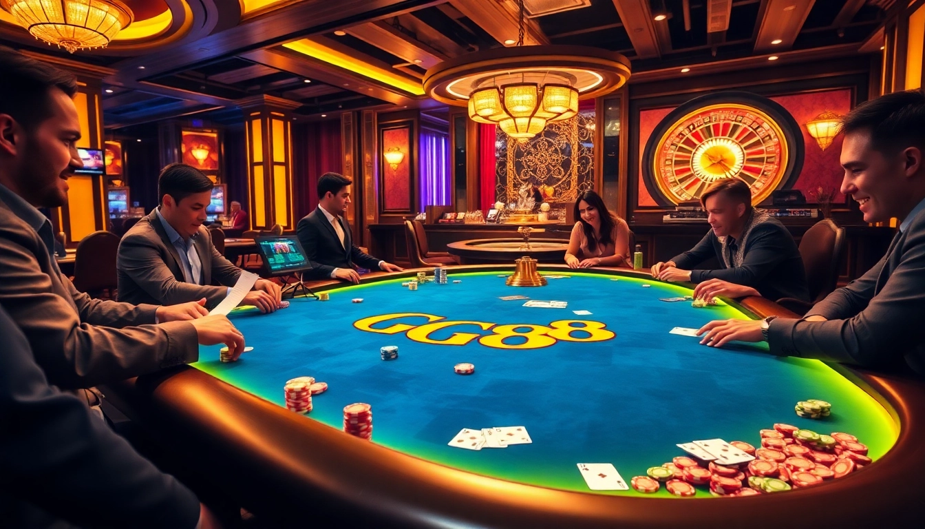 Players engaging at a GG88 casino table with colorful chips and cards, showcasing an exciting gambling experience.
