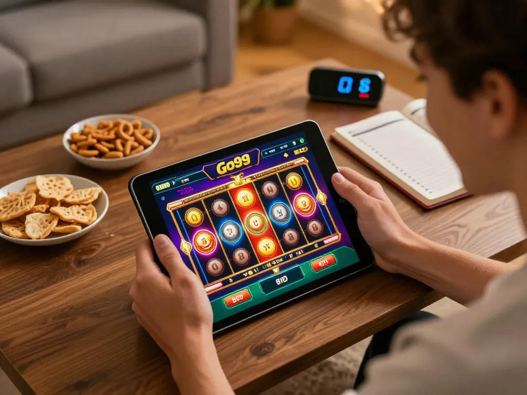 Player engaging with Go99 casino app on tablet at home, showcasing a lively gaming experience.