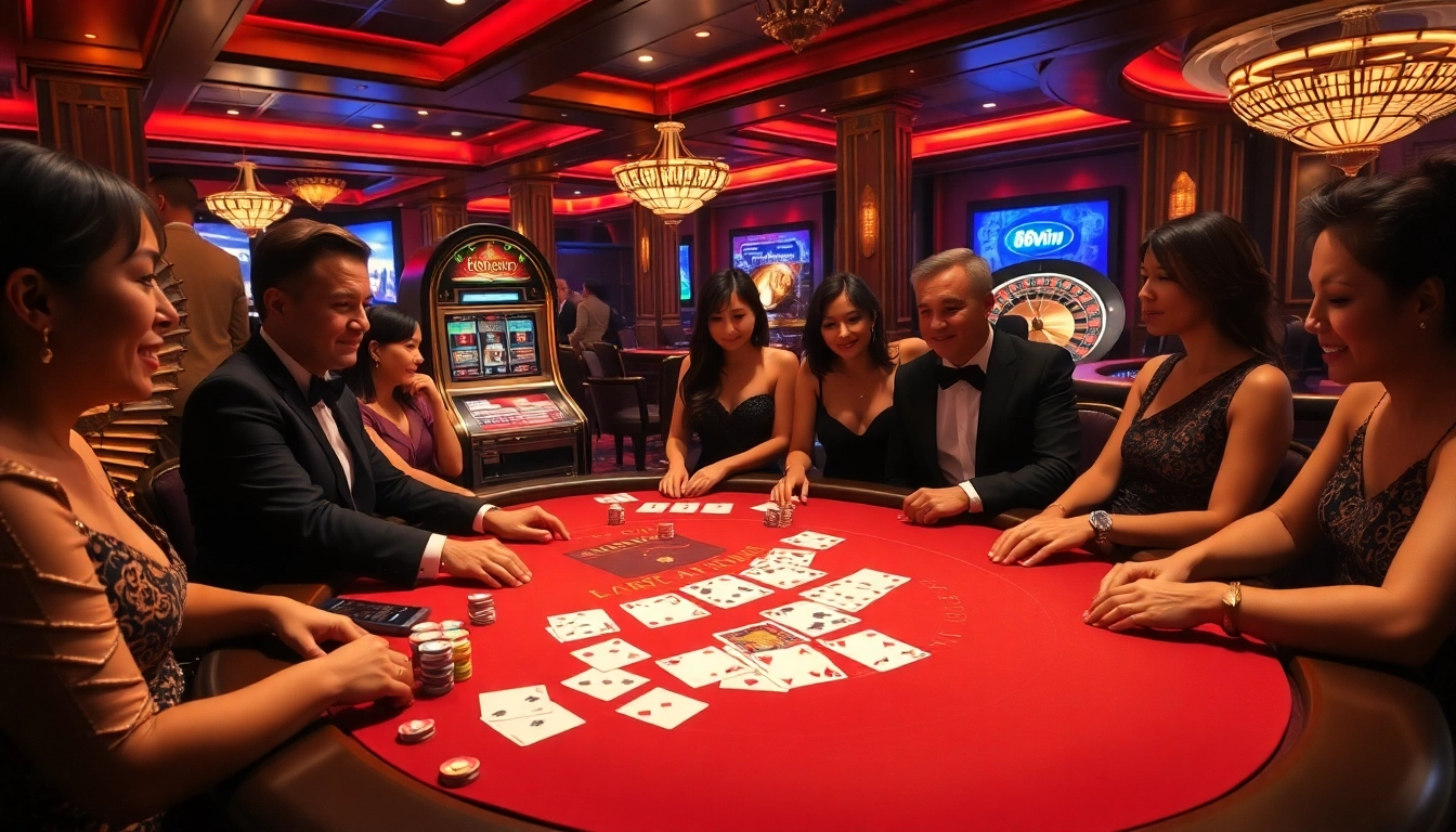 Experience the thrill of gambling at 68win with players enjoying vibrant games at a luxurious casino.