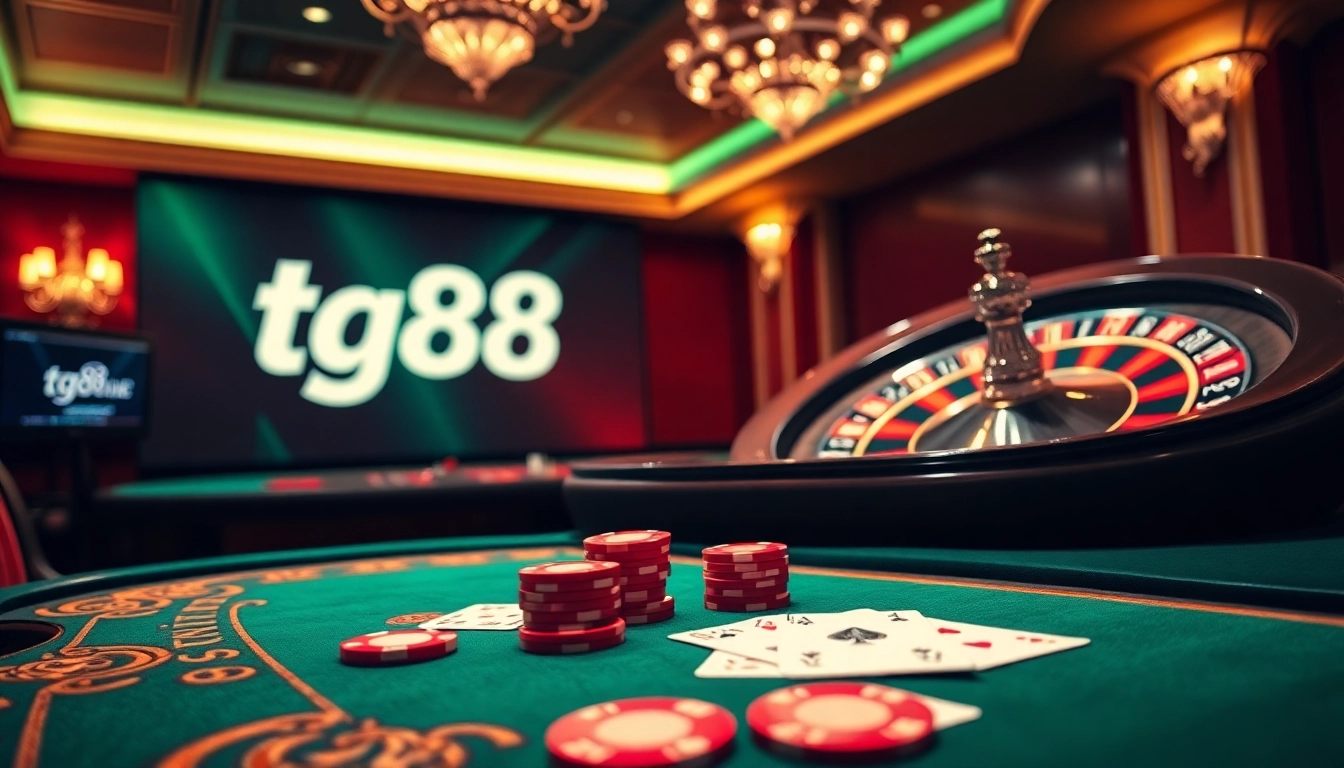 Experience thrilling gameplay with tg88 at a luxurious casino, featuring poker and roulette.