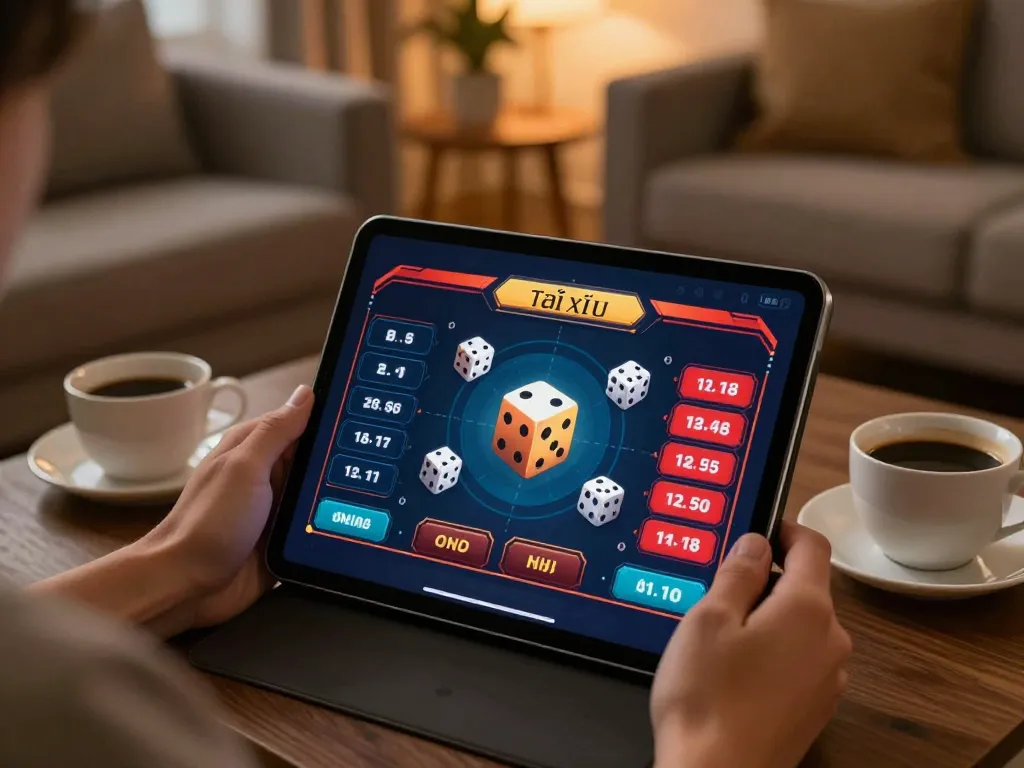 Tài xỉu online uy tín being played on a tablet in a cozy home setting, showcasing strategic gaming.