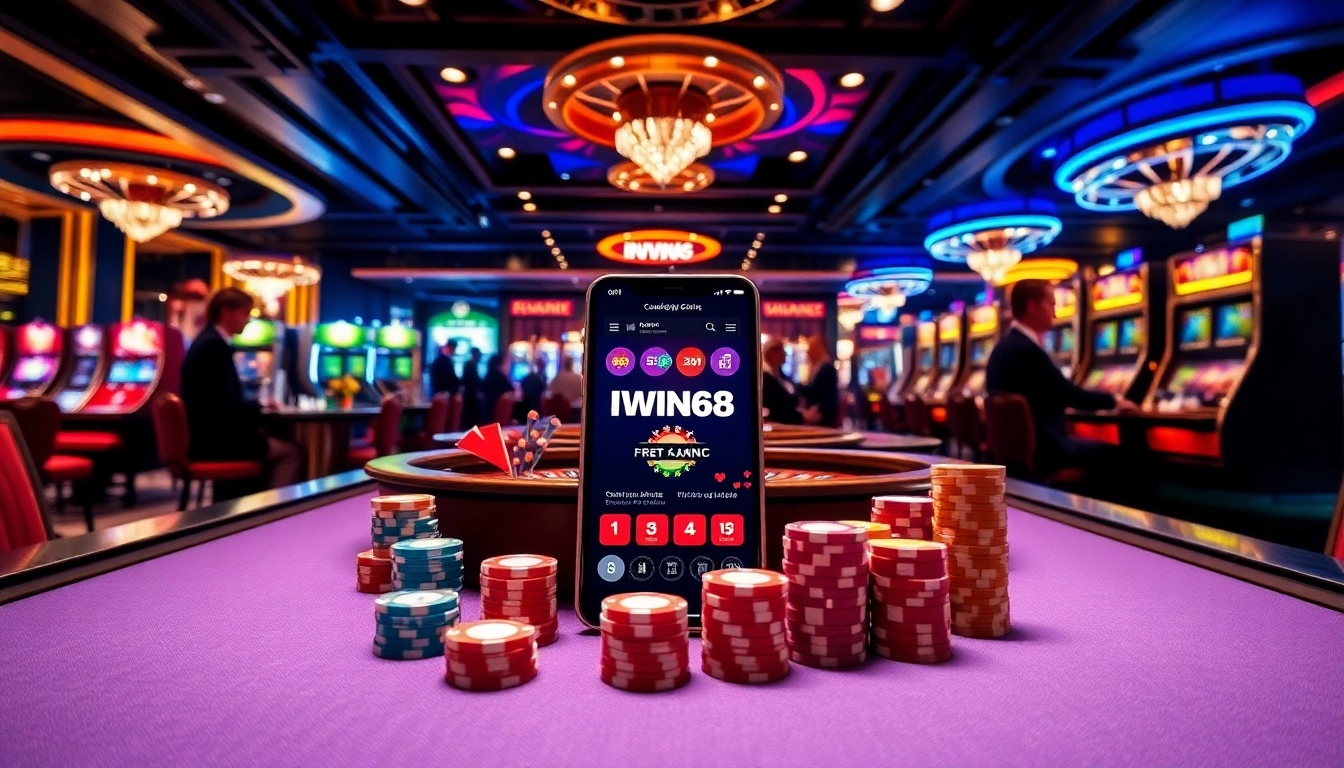 IWIN68 app showcased on a luxurious casino table with rich colors and active players.
