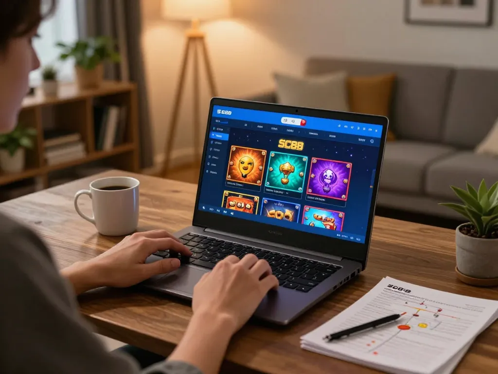 Player engaging in SC88 online gaming on a laptop with vibrant game display and strategy notes.