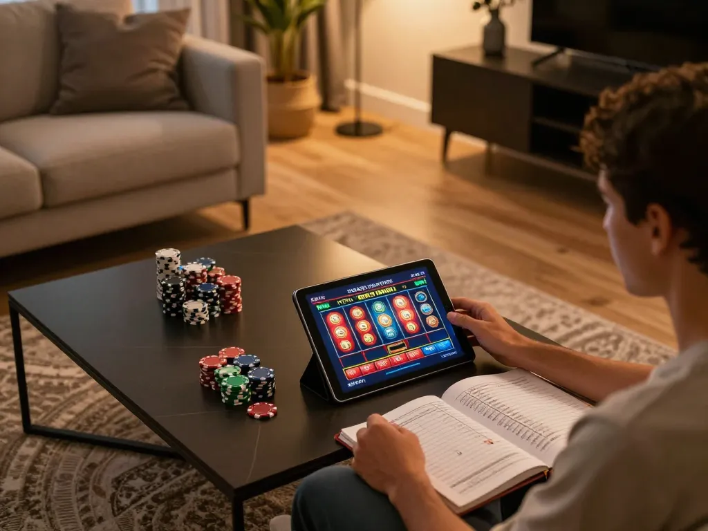 Người chơi LUCK8 tham gia vào các trò chơi slot trực tuyến tại nhà, thể hiện một không gian chơi game thoải mái và ghi chú chiến lược.