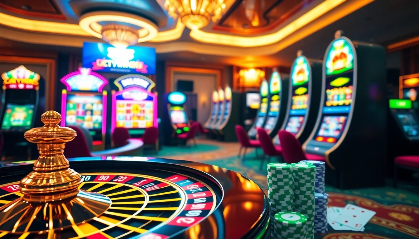 Experience the thrill of Luckywin777 with a vibrant casino scene showcasing roulette, slots, and poker.